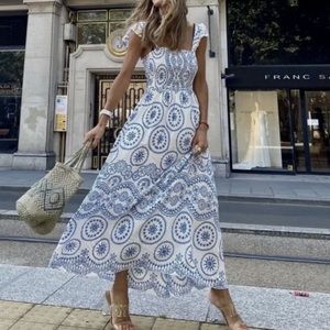 NWT ZARA openwork Embroidered Blue and White Summer dress size S ruffle sleeves